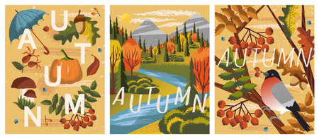 Autumn mood. Vector set of hand drawn illustrations. Fall season posters, Bullfinch bird on a tree, nature autumn landscape with river and forestの写真素材