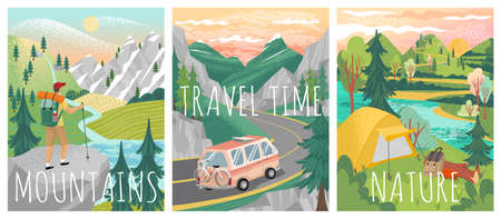 Travel posters. Vector set of adventure, camping and weekend vacation banners. Mountain hiking, road travel, camping in a forest, nature landscape. Man standing on mountain top and looking on valley