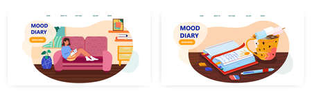 Teenage girl write diary in her room. Open diary journal lies on a desk. Concept illustration. Vector web site design template. Memo textbook, notepad, bookのイラスト素材