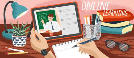 Student watching school lectures online and making notes. Distance education and online learning...