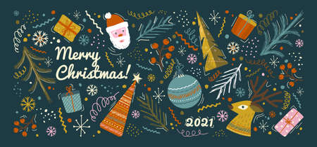 Merry christmas and happy new year greeting card and background template. Winter holiday vector illustration in vintage style. Christmas tree and toys, santa claus. 2021 new year hand drawn posterのイラスト素材