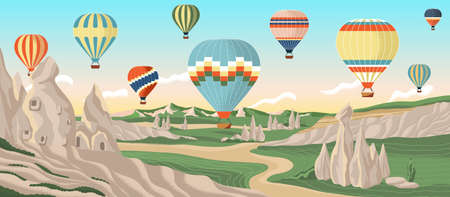 Hot air balloons over Cappadocia rocks landscape. Adventure travel in Turkey concept vector illustration. Summer vacation, travel by air balloonのイラスト素材