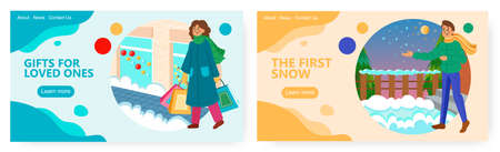 Winter holiday season vector concept illustration. Christmas sale, woman with shopping bags buy gifts. Man enjoys first winter snow. Web site design templateのイラスト素材