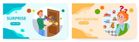 Boy trying to choose a new toy in kids store for his birthday gift. Man with flowers bouquet in front of the door. Vector concept illustration. Web site design templateのイラスト素材