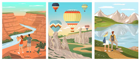 Outdoor landscapes with backpacking couple. Man and woman travel around the world famous nature landmarks. Vector set illustrations. Mountain lake, Grand Canyon, air ballons over Cappadocia in Turkeyのイラスト素材