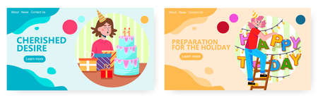 Happy girl blows candles on her birthday cake and enjoy her gifts. Birthday party vector concept illustration. Woman hanging up paper garlands to preparing the birthday party. Web site designのイラスト素材