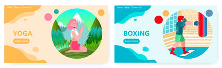 Woman practice yoga in outdoor nature landscape. Man workout in boxing gym. Vector concept illustration. Meditation with mountain background. Web site design templateのイラスト素材