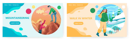 Two man climb to the top of the rock mountain. Outdoor and extreme sport vector concept illustration. Woman walks in winter forest. Climber on mountain peak. Web site design templateのイラスト素材