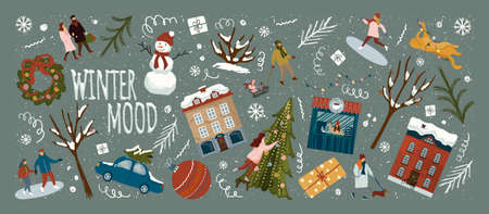 Christmas and new year season greeting card and background template. Winter holiday vector illustration. 2021 new year hand drawn poster. Christmas tree and toys, people, city buildings, snowmanのイラスト素材