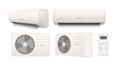 Air conditioner 3d vector illustration in realistic style. Air condition split system set isolated on white background. Home cooler with remote controlのイラスト素材