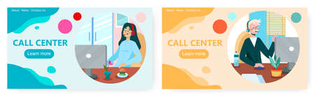 Call center operator using headset to talk by phone. Customer service concept vector illustration.のイラスト素材