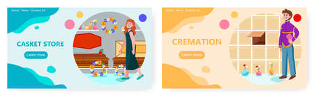 Woman is choosing a coffin or casket for a funeral. Cremation concept vector illustration. Man put urn with ash to columbarium.のイラスト素材