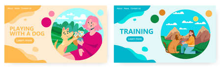 Dog brings flowers to her owner. Woman walks with dog vector illustration. Nature outdoor walk with petのイラスト素材