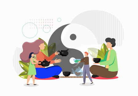 Traditional asian tea ceremony concept vector illustration. People drink hot tea from ceramic cups and teapot. Japanese and Chinese traditionsのイラスト素材