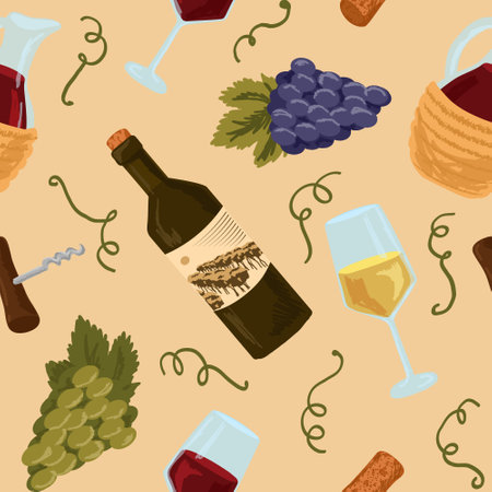 Seamless pattern with wine bottle, grape, glass of white and red wine. Winery vector illustrationのイラスト素材