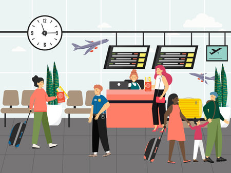 Passengers in airport lounge area concept vector. People in airport terminal waiting for a flight, check-in. Travel by flight illustrationのイラスト素材