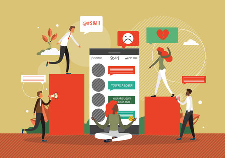 Cyber bullying concept vector illustration. Online bully behavior in social media. Hate, abuse and...