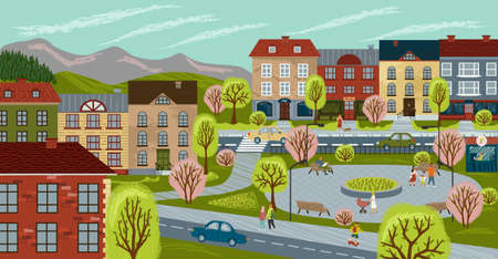 City life concept vector illustration. Cityscape hand drawn poster with streets, people, cars, cute houses and trees on a town square. Urban landscape, city buildings, summer parkのイラスト素材