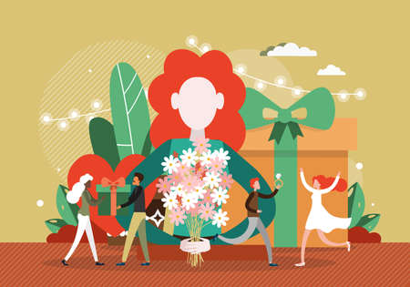 8 March International Womens Day poster banner template, flat vector illustration. Happy women getting presents, flowersのイラスト素材