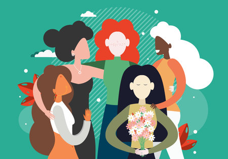 Group of feminists, diverse women hugging together, flat vector illustration. Feminism, women empowerment, race equalityのイラスト素材