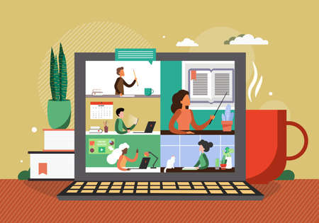 Online class in zoom teleconference. Virtual school education concept vector illustration. Students with laptops listen teacher online. Remote classのイラスト素材