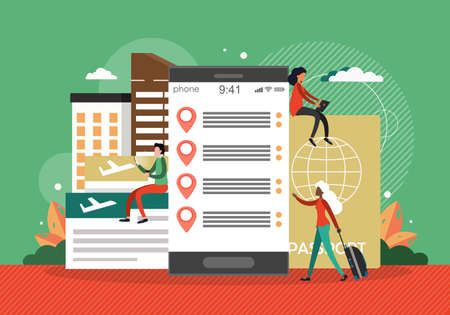 Online airplane ticket booking. Travel concept vector illustration. Messages and notifications on mobile phone screen. Smartphone travel appのイラスト素材