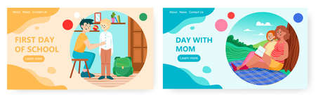 Kids week planner landing page design, website banner vector template set.のイラスト素材