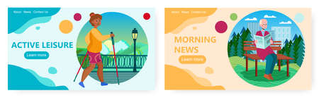 Retiree lifestyle landing page design, website banner vector template set. Happy retirement and active leisure.のイラスト素材