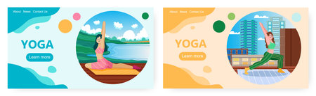 Yoga landing page design, website banner vector template set. Mind and body practice.のイラスト素材