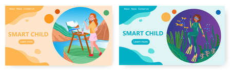 Smart child landing page design, website banner vector template set.のイラスト素材