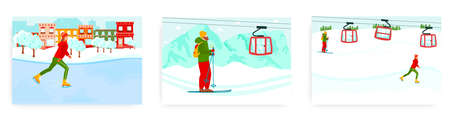 Ski resort landing page design, website banner vector template set. People enjoying skiing, ice skating. Sport, leisure.のイラスト素材
