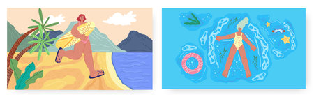 Summer beach vacation landing page design, website banner vector template set. Summer travel, beach water activities.のイラスト素材
