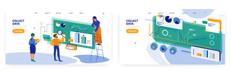 Collect data landing page design, website banner vector template set. People searching information for financial report.のイラスト素材