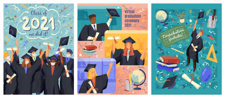Students in face mask celebrate their graduation day. Students get their university degree certificate online by video call. Virtual graduate ceremony concept vector illustrationのイラスト素材