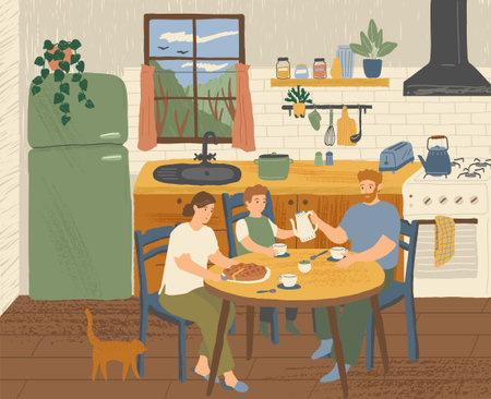 Happy family having breakfast at home in the kitchen. Modern kitchen interior hand drawn vector illustration. Dining table in scandinavian cartoon style. Cozy hygge designのイラスト素材