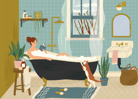 Woman reading book while relax in bath tub. Bathroom interior hand drawn vector illustration. Cozy home interiorのイラスト素材