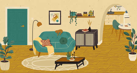 Living room interior hand drawn vector illustration. Home modern interior design. Cozy room furniture and accessories. Comfy sofa, table, couch, chairのイラスト素材