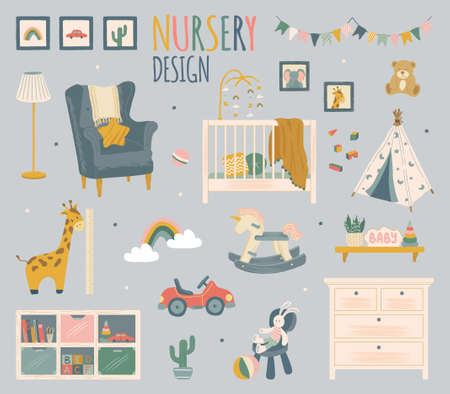 Vector set of nursery room accessories and furniture. Home kid room modern interior design elements. Hand drawn isolated objects. Crib, toys, storage cabinetのイラスト素材