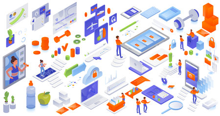 Online store, fitness ecommerce, cloud computing and data synchronization services, vector isometric icon set.のイラスト素材