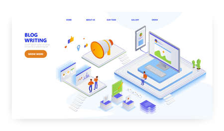 Blog writing, landing page design, website banner vector template. People creating content for blog post.のイラスト素材