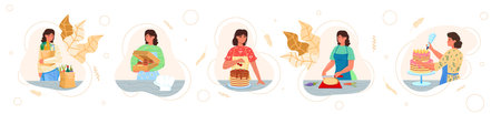 Housewife shopping for groceries, cooking and decorating homemade cake, cupcakes, flat vector isolated illustration.のイラスト素材