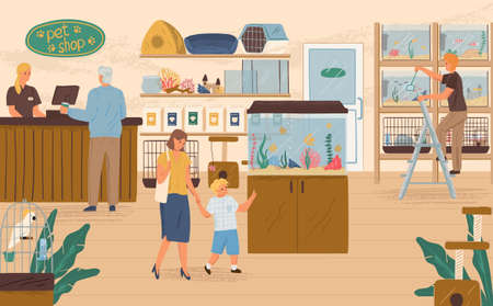 Family with kid buying fish in aquarium in pet shop concept vector illustration. Animal store interior with aquarium and parrot in cageのイラスト素材