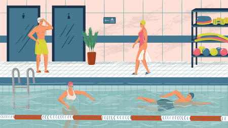 People swim in public swimming pool concept vector illustration set. Sport swimming pool interior. Man and woman swim in waterのイラスト素材