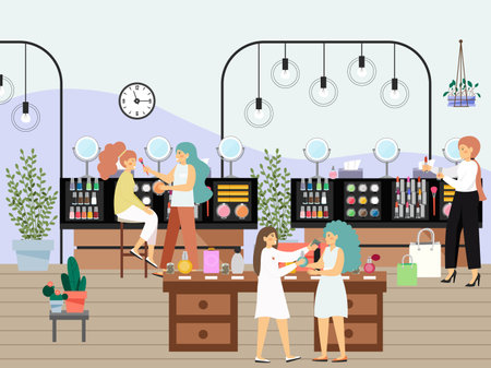 Cosmetics store. Happy women shopping for makeup and perfumes, flat vector illustration. Beauty and fragrance retail.のイラスト素材