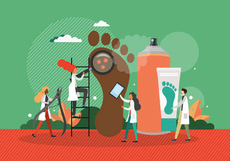 Doctor inspecting human foot corns and calluses, flat vector illustration. Podology, podiatry. Diagnosis and treatment.のイラスト素材