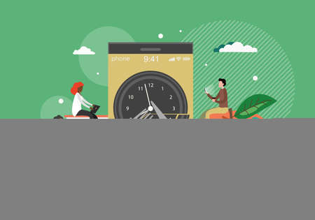 Smartphone with clock, human hands holding fork and knife, flat vector illustration. Lunch time mobile app concept.のイラスト素材