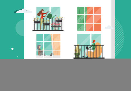Apartment building, neighbors sitting, standing by the window inside the house and on balcony, vector illustration.のイラスト素材