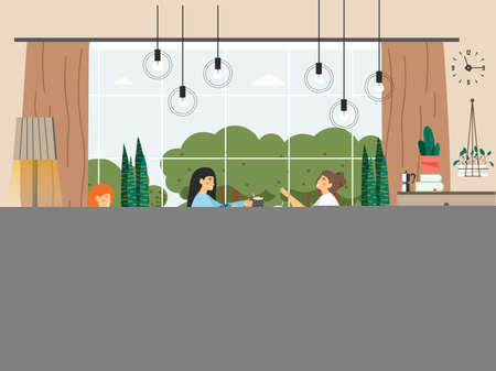 Girls party at home. Happy women friends eating pizza, cakes, drinking wine, coffee and having fun, vector illustration.のイラスト素材