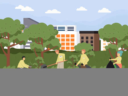 Volunteers collecting garbage, planting trees in city park, vector illustration. Volunteering, ecology, save nature.のイラスト素材