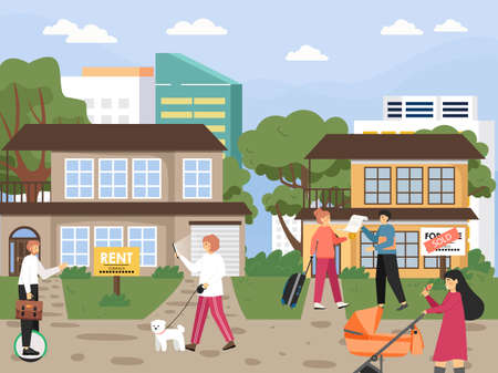 Real estate for sale or rent. People searching house with online service, flat vector illustration. Realtor agency.のイラスト素材